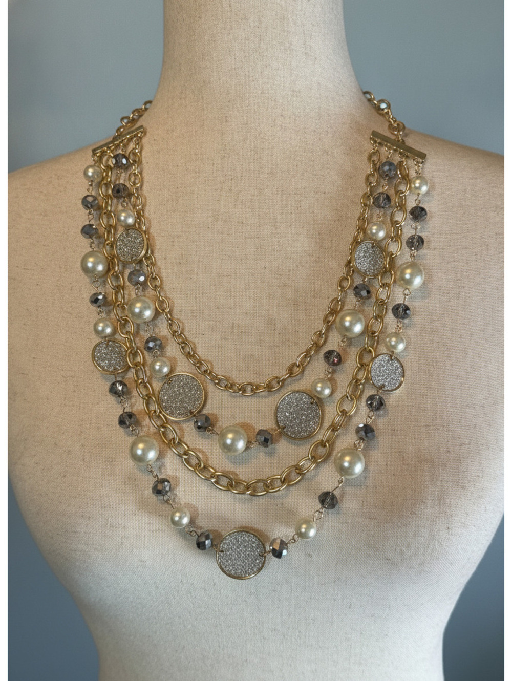 Multi-Strand Gold Tone Necklace with Pearl and Bead-